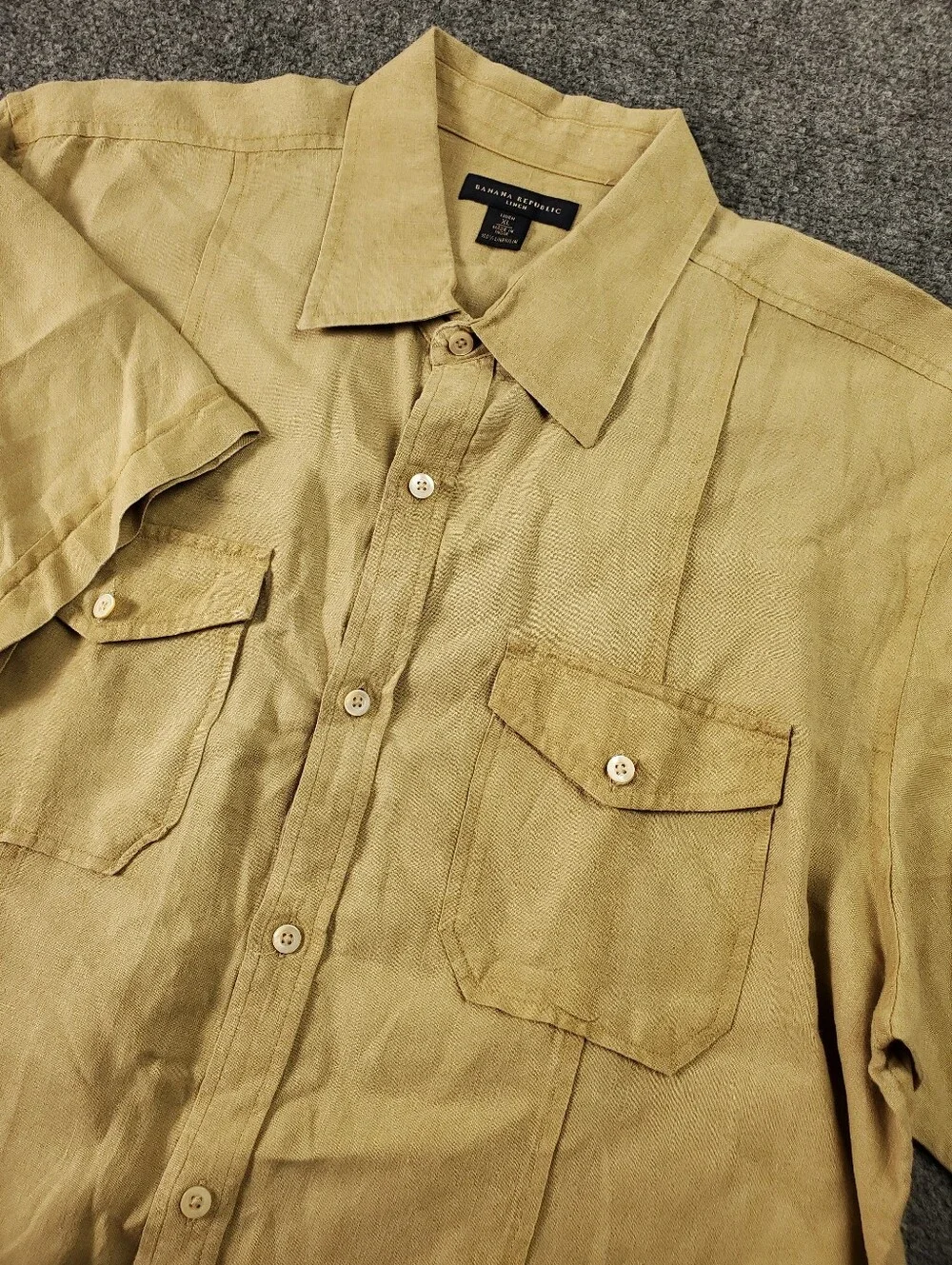 Vintage Banana Republic 100% Linen Safari Shirt XL Short Sleeve Button Up Tan